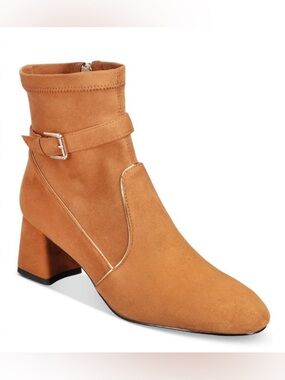 Things II Come Faux Suede Block Heel Ankle Boots/Tan Suede/Gold Accents/Size 7.5